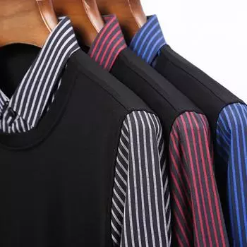 Мужская рубашка из двух предметов с длинными рукавами, хлопковая индивидуальная полосатая модная повседневная футболка среднего возраста с длинным рукавом, мужская рубашка M