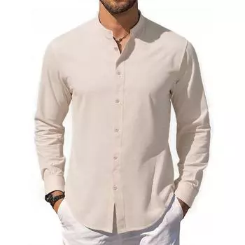 Мужская рубашка из хлопка и льна, весна-лето, однотонная, пляжный стиль, легкие дышащие топы на пуговицах, рубашки для отпуска в гавайском стиле S бежевый