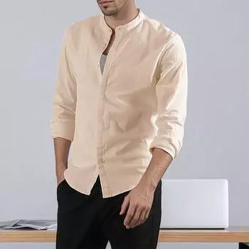 Мужская рубашка из хлопка и льна, однотонная, с воротником-хенли, повседневная, деловая, базовый стиль, облегающая, однобортная, легкая S бежевый