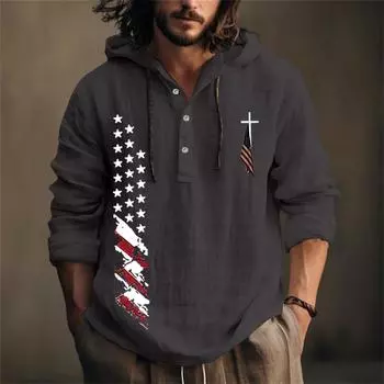 Мужская рубашка из хлопка и льна с принтом «День независимости», с капюшоном, с длинными рукавами, повседневная одежда для весны и лета L