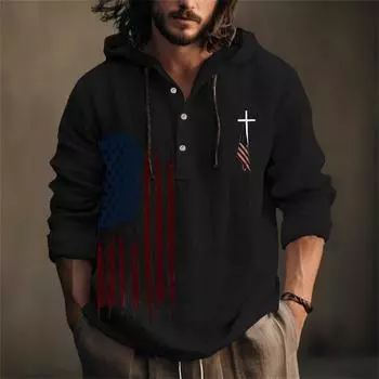 Мужская рубашка из хлопка и льна с принтом «День независимости», с капюшоном, с длинными рукавами, повседневная одежда для весны и лета L чёрный