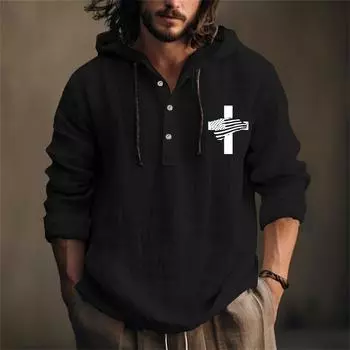 Мужская рубашка из хлопка и льна с принтом «День независимости», с капюшоном, с длинными рукавами, повседневная одежда для весны и лета XL чёрный