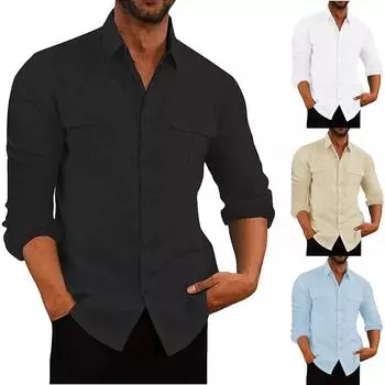 Мужская рубашка из хлопка и льна с длинным рукавом и двумя карманами, повседневная дышащая рубашка с лацканами, однотонные мужские топы, осенние универсальные блузки S чёрный