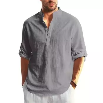 Мужская рубашка из хлопка и льна, дышащая, летняя, повседневная, мужская, из хлопка M синий