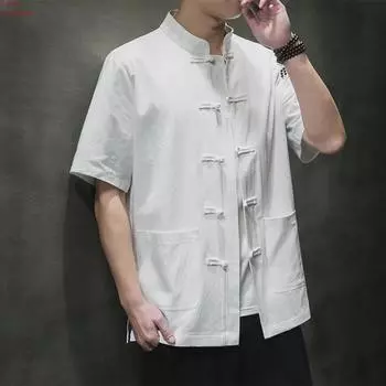 Мужская рубашка из хлопка и льна в китайском стиле с короткими рукавами, ретро-костюм в стиле Тан, свободный крой, летний топ большого размера XXL for 125-145 jin чёрный