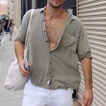 Мужская рубашка из хлопка и льна с воротником и карманом Повседневные рубашки M белый