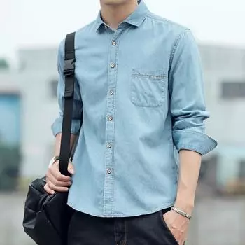 Мужская рубашка из хлопкового денима с длинными рукавами s2094, корейские облегающие рубашки, деловые повседневные топы M