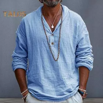 Мужская рубашка из хлопковой смеси с длинным рукавом и лацканами, однотонная повседневная пляжная рубашка на весну и лето для повседневного ношения в отпуске 3XL небесно-голубой