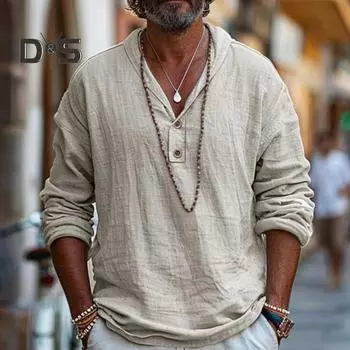 Мужская рубашка из хлопковой смеси с длинным рукавом и лацканами, однотонная повседневная пляжная рубашка на весну и лето для повседневного ношения в отпуске 3XL небесно-голубой