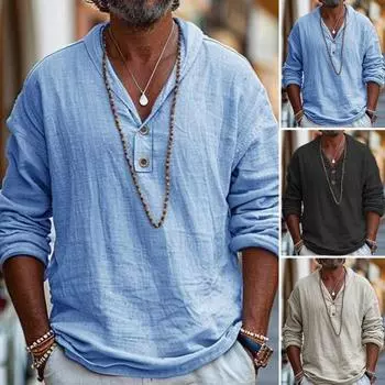 Мужская рубашка из хлопковой смеси с длинным рукавом и лацканами, однотонная повседневная пляжная рубашка на весну и лето для повседневного ношения в отпуске 3XL абрикосовый