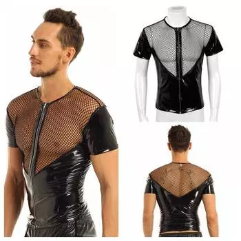 Мужская рубашка из лакированной кожи с мокрым внешним видом, ажурная рубашка, Клубная одежда, сценический костюм, футболка для вечеринки в ночном клубе M