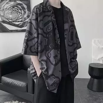 Мужская рубашка из ледяного шелка, полусвободная с принтом, на пуговицах, с рукавами средней длины, кардиган в корейском стиле, пляжный топ для отпуска M чёрный