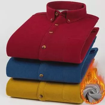 Мужская рубашка из плотного бархатного вельвета: Осень/Зима, Однотонный, Теплый, Не требует глажки, Универсальный, Модный. 46