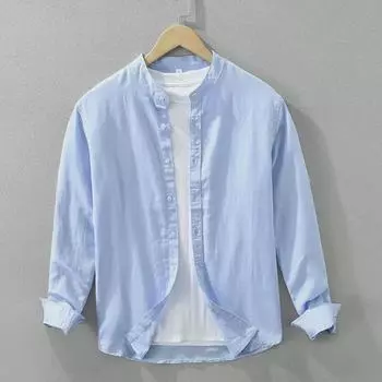 Мужская рубашка из японского хлопка и льна с воротником-стойкой и длинным рукавом M