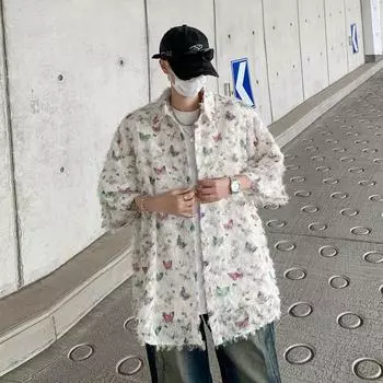 Мужская рубашка-кардиган в японском стиле в стиле ретро — дизайн «бабочка», необработанные края, кисточки, высококачественный жакет с короткими рукавами и лацканами M