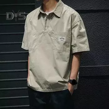 Мужская рубашка-карго на пуговицах с отложным воротником, свободные короткие рукава, нагрудные карманы, сплошной цвет, уличная одежда в стиле ретро в японском стиле, топ больших размеров 3XL чёрный