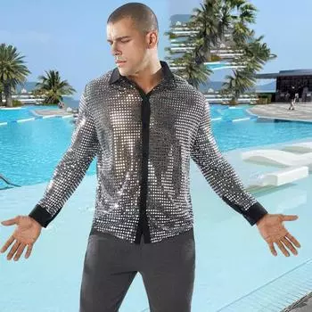 Мужская рубашка Клубная вечеринка Дискотека Блестящая облегающая рубашка с блестками и лацканами Однобортная мужская рубашка с длинными рукавами Vinatge 70s Мужская рубашка для выступлений L чёрный