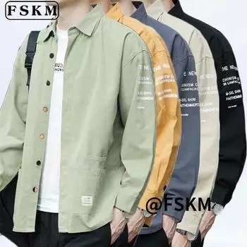 Мужская рубашка Летняя однотонная японская мешковатая винтажная свободная повседневная рубашка с воротником-стойкой большого размера из хлопка с длинным рукавом Мужская корейская свободная рубашка Удобная рубашка M чёрный