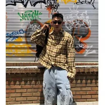 Мужская рубашка Maillard Wear в американском стиле в клетку, тонкое пальто для мальчиков, модная рубашка в корейском стиле M жёлтый