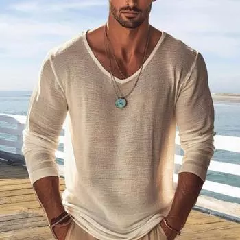 Мужская рубашка, мягкая, дышащая, однотонная, повседневная, с V-образным вырезом и длинным рукавом, свободная, весна-лето, пуловер, топы, повседневная одежда S бежевый