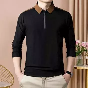 Мужская рубашка на молнии с отложным воротником с длинным рукавом контрастного цвета в стиле пэчворк, мягкая средней длины M чёрный