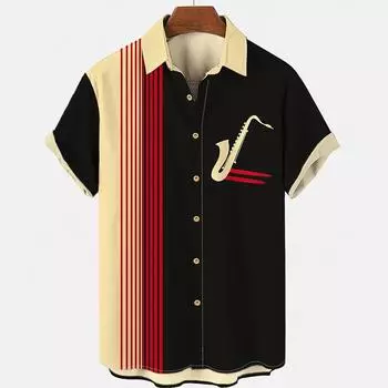 Мужская рубашка на пуговицах, летняя новая гавайская рубашка саксофон с 3D-принтом, свободная, с короткими рукавами, классическая пляжная рубашка в стиле алоха для вечеринок M