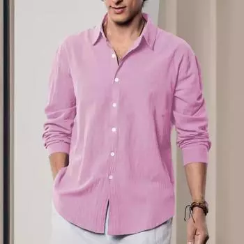 Мужская рубашка на пуговицах, летняя, с длинными рукавами, однотонная рубашка с лацканами S розовый