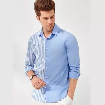 Мужская рубашка на пуговицах Повседневная рубашка Летняя рубашка с длинным рукавом Полосатый лацкан Гавайский праздничный стиль Одежда на пуговицах S синий