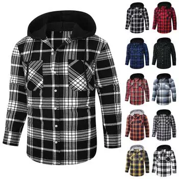 Мужская рубашка на пуговицах, повседневные фланелевые клетчатые облегающие легкие топы с длинным рукавом и воротником-стойкой L чёрный