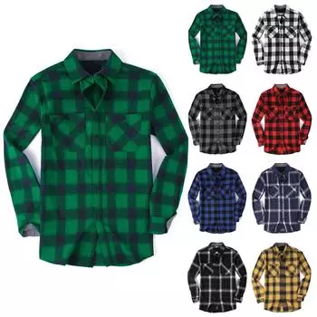 Мужская рубашка на пуговицах, повседневные фланелевые клетчатые облегающие легкие топы с длинным рукавом и воротником-стойкой L чёрный