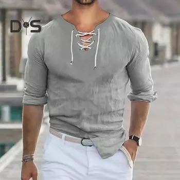 Мужская рубашка на весну и осень на шнуровке с v-образным вырезом, однотонная, с длинными рукавами, приталенная, в стиле ретро, мягкий дышащий пуловер средней длины, повседневный повседневный топ M абрикосовый