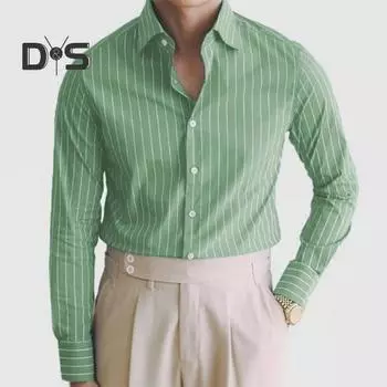Мужская рубашка на весну и осень, полосатый принт, контрастный цвет, однобортный ретро с длинными рукавами и пуговицами, приталенный крой средней длины, формальный деловой топ больших размеров M зелёный