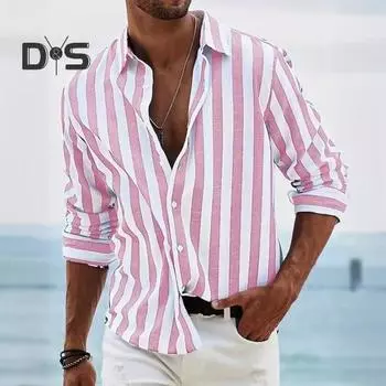 Мужская рубашка на весну и осень с отложным воротником в тон, полосатый принт с длинными рукавами, однобортный свободный кардиган, деловой топ L синий