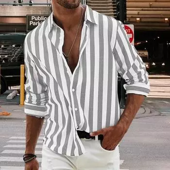 Мужская рубашка на весну и осень с отложным воротником и полосатыми рукавами с принтом, длинный цветной однобортный свободный кардиган, деловой топ 2XL синий