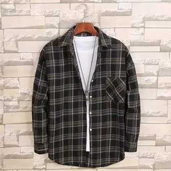 Мужская рубашка на весну и осень с отложным воротником, однобортный клетчатый принт с длинным рукавом, свободный крой, кардиган в японском стиле, деловой, повседневный, повседневная одежда XL чёрный