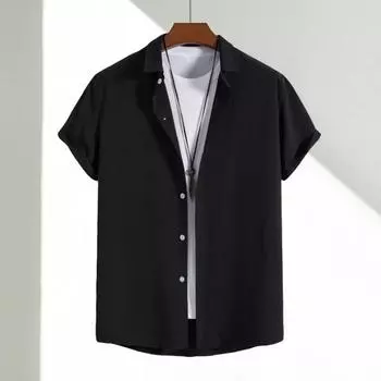 Мужская рубашка на весну и осень с отложным воротником, однотонная, свободная, с коротким рукавом, однобортный кардиган, деловой повседневный кардиган, повседневная одежда 2XL чёрный