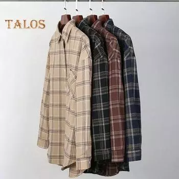 Мужская рубашка на весну и осень с отложным воротником, однобортный клетчатый принт с длинным рукавом, свободный крой, кардиган в японском стиле, деловой, повседневный, повседневная одежда XL чёрный