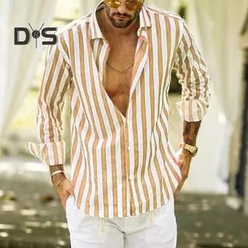 Мужская рубашка на весну и осень с отложным воротником, однобортный контрастный цвет, полосатый принт с длинным рукавом, свободный крой, кардиган, повседневная одежда, топ M жёлтый