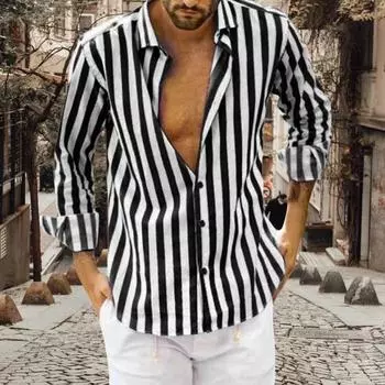 Мужская рубашка на весну и осень с отложным воротником контрастного цвета, длинная полоска с принтом, однобортный рукав, свободный кардиган, повседневный M жёлтый