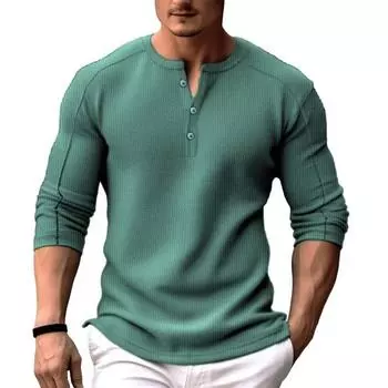 Мужская рубашка на весну и осень, топ из дышащей ткани на пуговицах с v-образным вырезом, однотонная облегающая футболка с длинными рукавами, повседневная одежда L зелёный