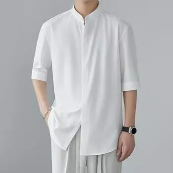 Мужская рубашка, новый китайский стиль, однотонные рукава со стойкой, свободный средний воротник, повседневная повседневная одежда, офисный топ средней длины M белый