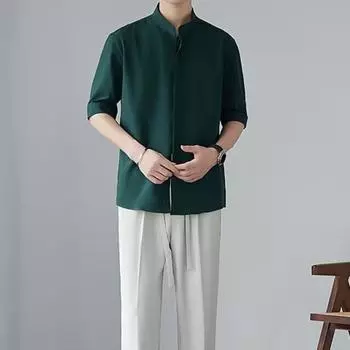 Мужская рубашка, новый китайский стиль, воротник-стойка, сплошной цвет, свободные рукава средней длины, повседневная повседневная одежда, офисный топ средней длины M белый