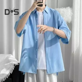 Мужская рубашка, однобортная, однотонная, свободная, с отложным воротником, мягкие дышащие пуговицы, уличная одежда с тонким рукавом и летним топом 2XL чёрный