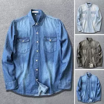 Мужская рубашка, однотонная, свободная, однобортный кардиган с длинными рукавами, теплая осенняя джинсовая рубашка с отложным воротником средней длины для повседневной носки M чёрный