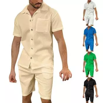 Мужская рубашка, однотонное изделие, шорты с короткими рукавами, рабочая одежда, мужской повседневный кардиган, комплект из 2 предметов L чёрный