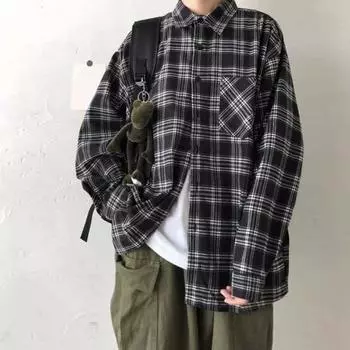 Мужская рубашка осень-весна с клетчатым принтом, воротником, длинными свободными рукавами, застегивающимся на пуговицы, отложным воротом, нагрудным карманом, средней длины, повседневная одежда M чёрный