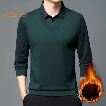 Мужская рубашка осень-зима из двух частей с отложным воротником и плюшевой подкладкой, официальная рубашка в деловом стиле для мужчин среднего возраста, офисная рабочая одежда для отцов M светло-зеленый