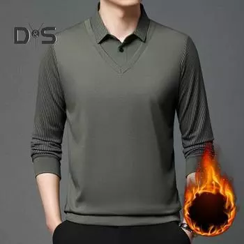 Мужская рубашка осень-зима из двух частей с отложным воротником и плюшевой подкладкой, официальная рубашка в деловом стиле для мужчин среднего возраста, офисная рабочая одежда для отцов M темно-синий