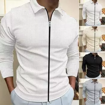 Мужская рубашка осень-зима сплошной цвет с длинными дышащими рукавами с лацканами на молнии и планкой для спорта на открытом воздухе футболка L чёрный