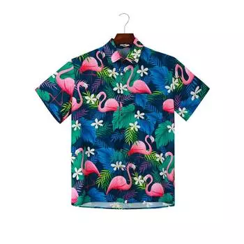 Мужская рубашка, пляжная рубашка с принтом фламинго, свободная рубашка с отложным воротником и короткими рукавами для мужчин M
